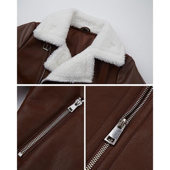 Women's Fur Leather Jacket Shearing Cropped Faux Fur Lined Moto Coat 159 Brown - Picture 4 of 5